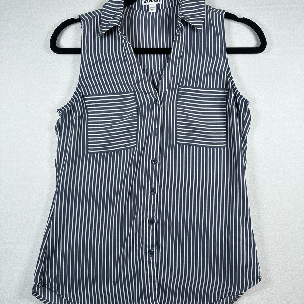 Express Sleeveless Blouse Striped Button Front Womens Sz XS White Blue